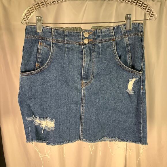 Free People Blue Distressed Denim Mini Skirt Size 8 Raw Hem Belted Waist - Picture 15 of 16